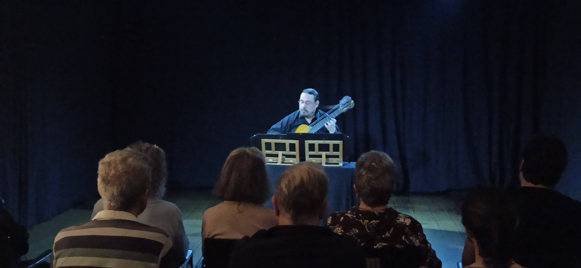 Andrés Zapico en concierto ante el público, atmósfera en penumbra